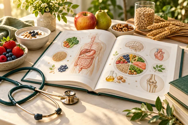Nutrition study materials alongside fresh fruit, yogurt and wheat