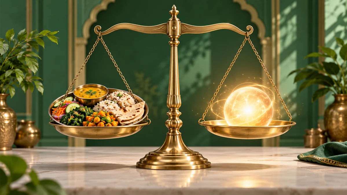Concept illustration: A balance scale comparing a balanced meal with a glowing energy concept