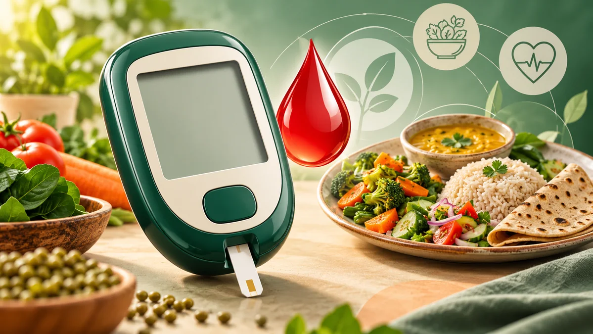 Concept illustration: A prominent glucose meter and red blood droplet beside a balanced Indian meal