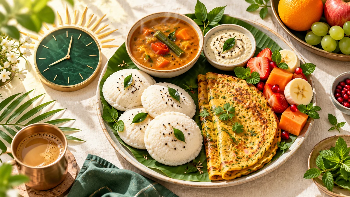 Concept illustration: An overhead Indian breakfast spread with a morning sun and clock
