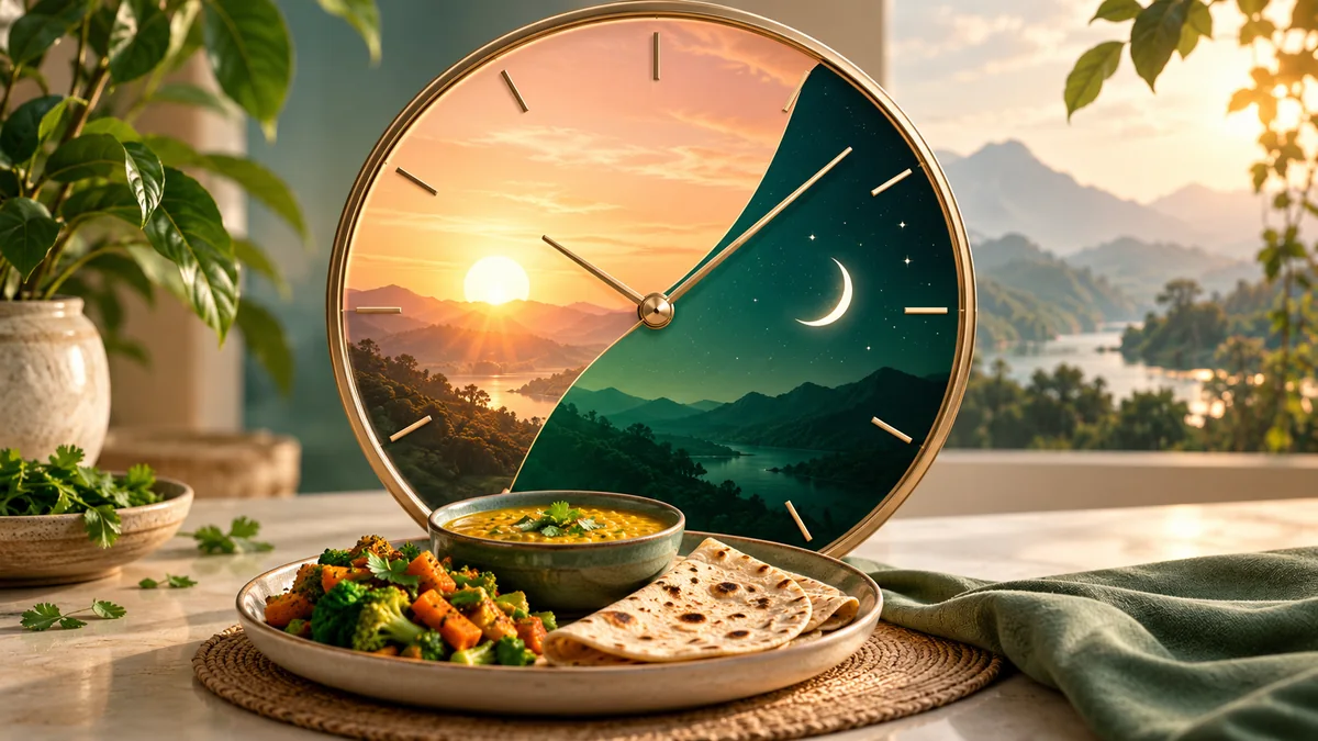 Concept illustration: A clock divided into daytime and nighttime arcs above a balanced meal