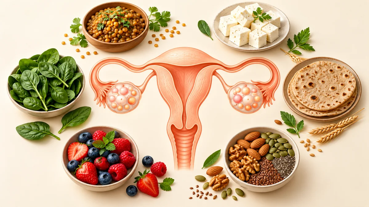 Concept illustration: A prominent symbolic uterus and ovaries surrounded by balanced-food segments