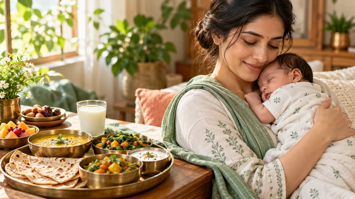 Concept illustration: A mother holding her newborn with a nourishing Indian meal in the foreground