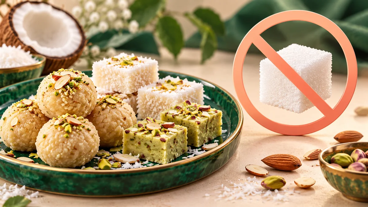 Concept illustration: Indian sweets and nuts with a crossed sugar-cube symbol