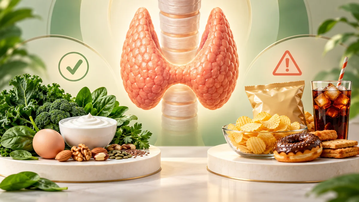 Concept illustration: A thyroid-gland silhouette with contrasting food-choice groups and check and caution symbols