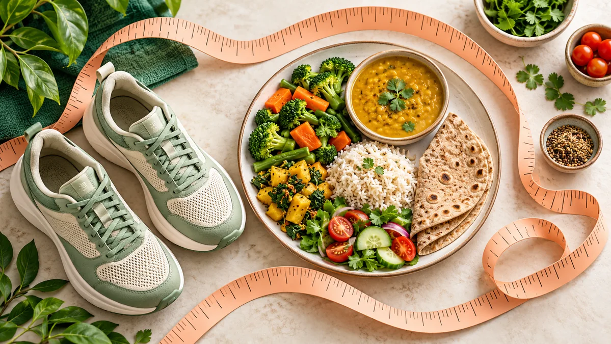 Concept illustration: Walking shoes and a measuring tape beside a balanced Indian meal