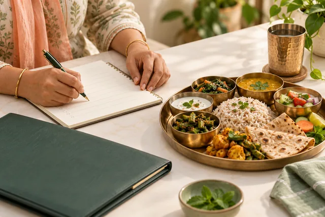 Hands recording a meal routine beside a balanced Indian meal and report folder
