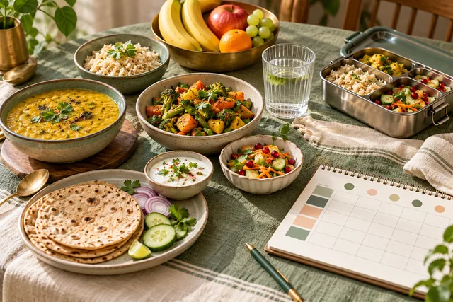 Balanced Indian meal, lunchbox, water and a weekly meal planner