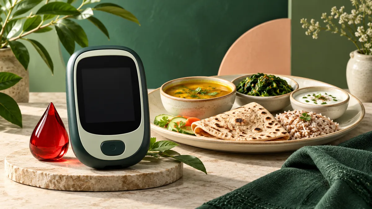 Glucose meter and a balanced plate illustrating diabetes meal planning