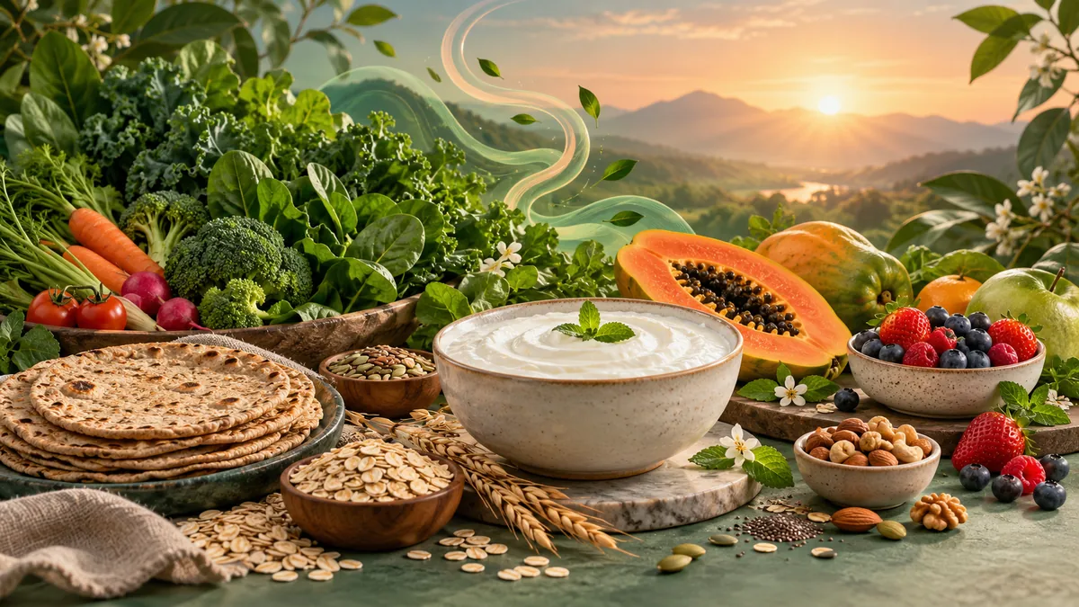 Seasonal produce, wholegrains and curd illustrating everyday wellness