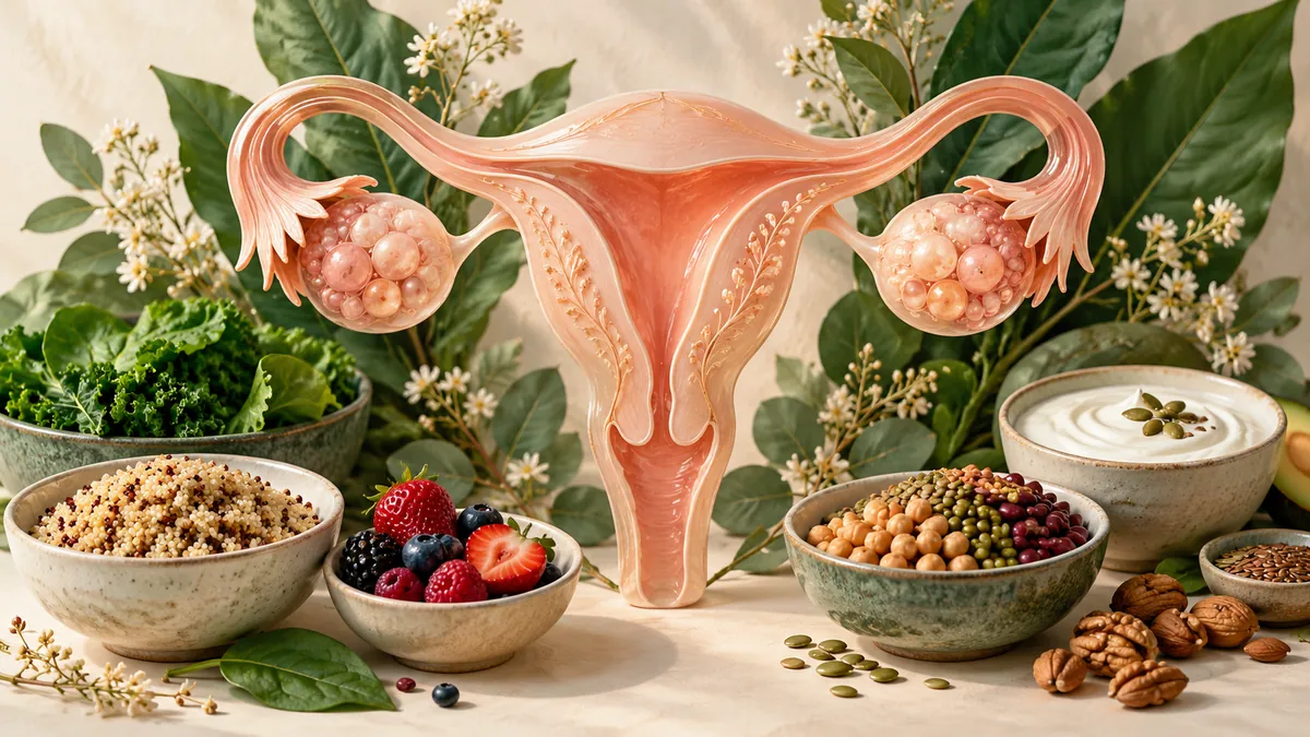 Ovarian anatomy and balanced food choices illustrating PCOS nutrition support