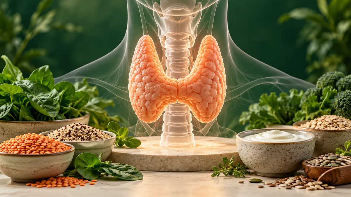 Anatomical thyroid gland illustration with nourishing foods for thyroid support