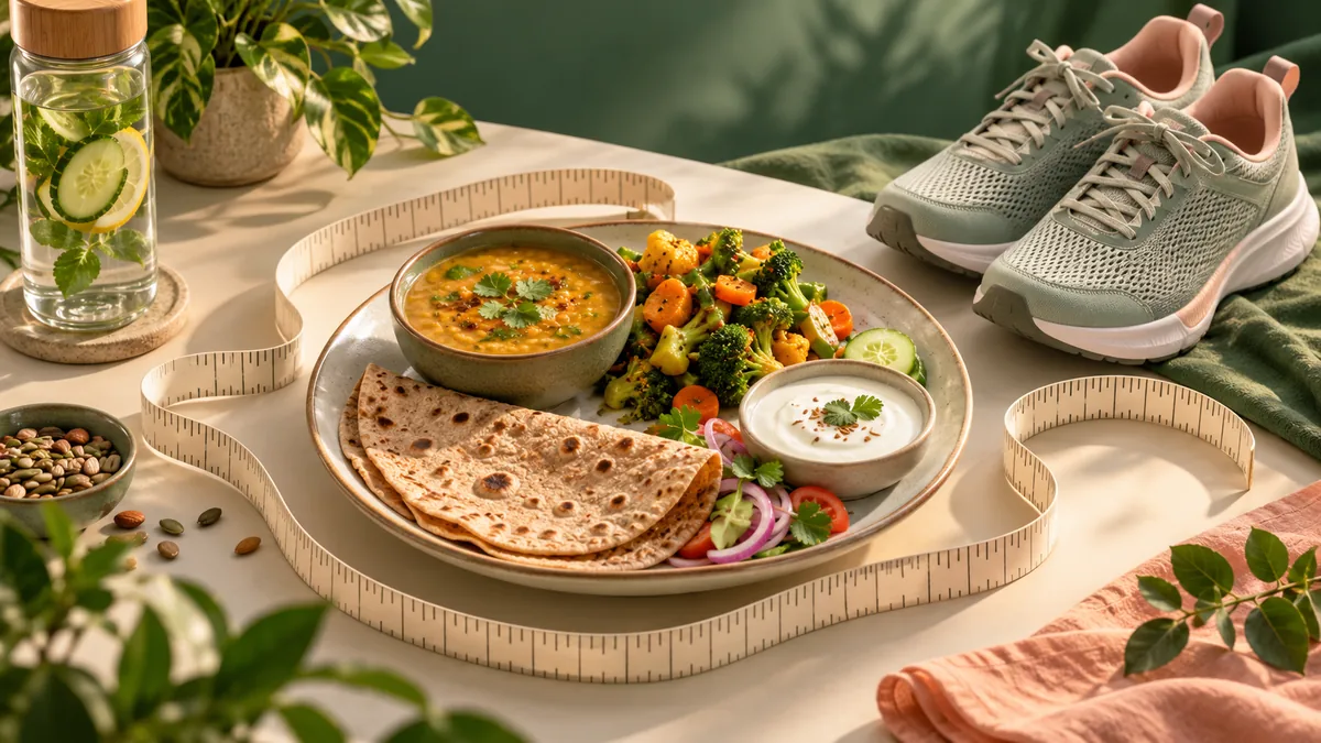 Portion-balanced meal, measuring tape and walking shoes for sustainable weight management